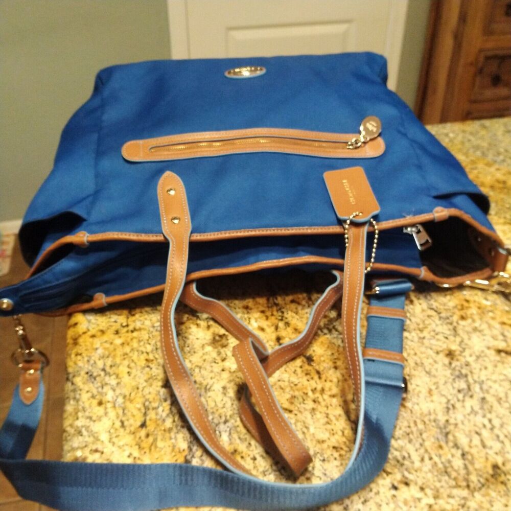 COACH Sawyer Rare Mineral Blue Canvas Travel Large Tote Shoulder Bag $495 - Picture 4 of 13